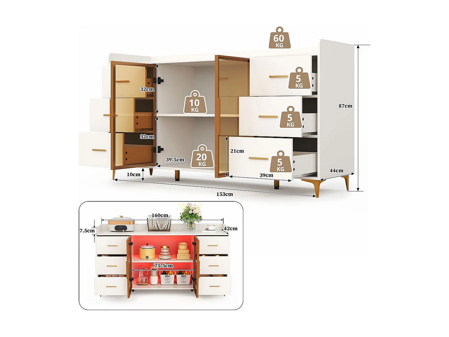 Buffet armoire cuisine moderne blanc 6 tiroirs portes verre éclairage LED télécommandé ambiance poignées métal doré adapté cuisine salon chambre