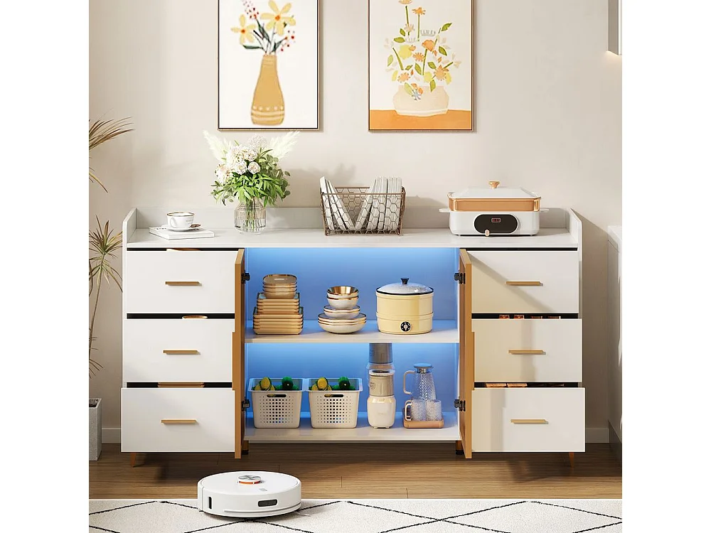 Buffet armoire cuisine moderne blanc 6 tiroirs portes verre éclairage LED télécommandé ambiance poignées métal doré adapté cuisine salon chambre