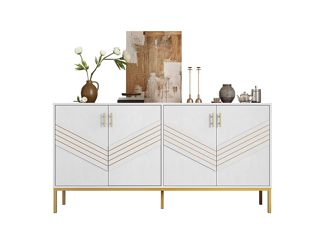 Buffet moderne à 4 portes design élégant en blanc et or corps en MDF avec pieds en métal étagères réglables en hauteur