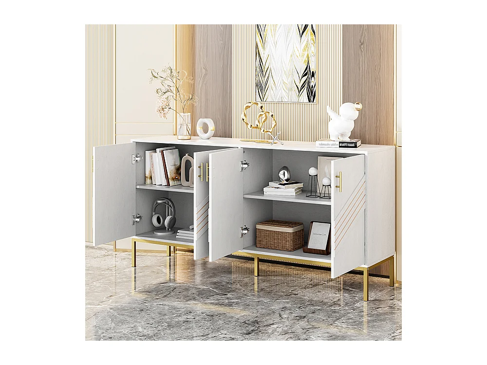 Buffet moderne à 4 portes design élégant en blanc et or corps en MDF avec pieds en métal étagères réglables en hauteur