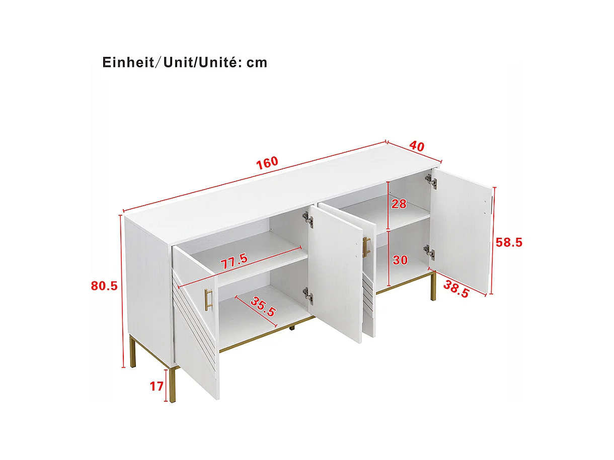 Buffet moderne à 4 portes design élégant en blanc et or corps en MDF avec pieds en métal étagères réglables en hauteur