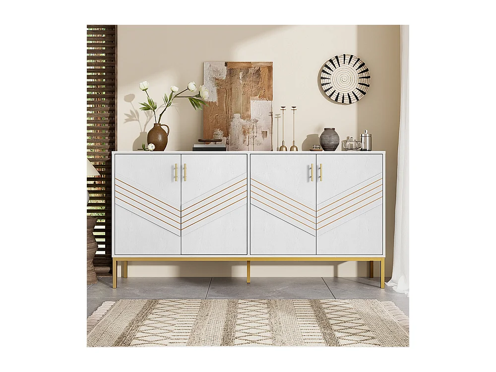 Buffet moderne à 4 portes design élégant en blanc et or corps en MDF avec pieds en métal étagères réglables en hauteur