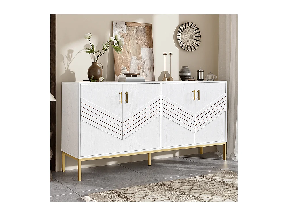 Buffet moderne à 4 portes design élégant en blanc et or corps en MDF avec pieds en métal étagères réglables en hauteur