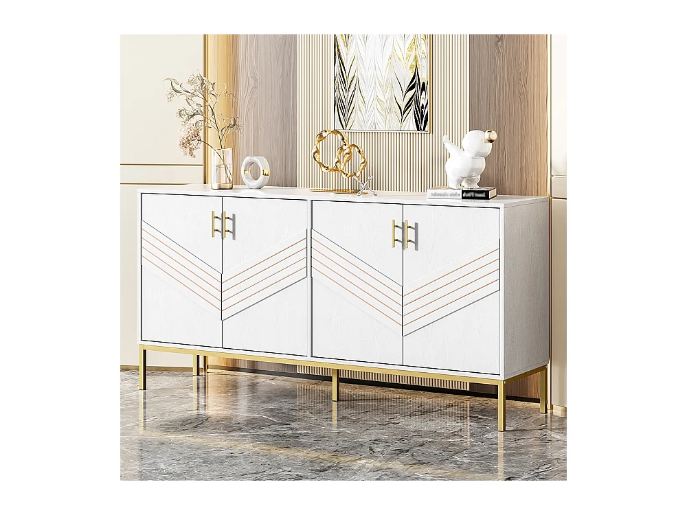 Buffet moderne à 4 portes design élégant en blanc et or corps en MDF avec pieds en métal étagères réglables en hauteur