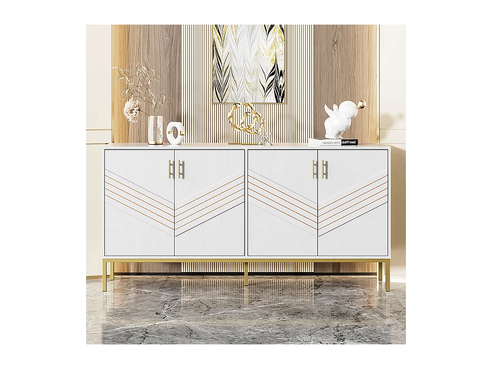 Buffet moderne à 4 portes design élégant en blanc et or corps en MDF avec pieds en métal étagères réglables en hauteur