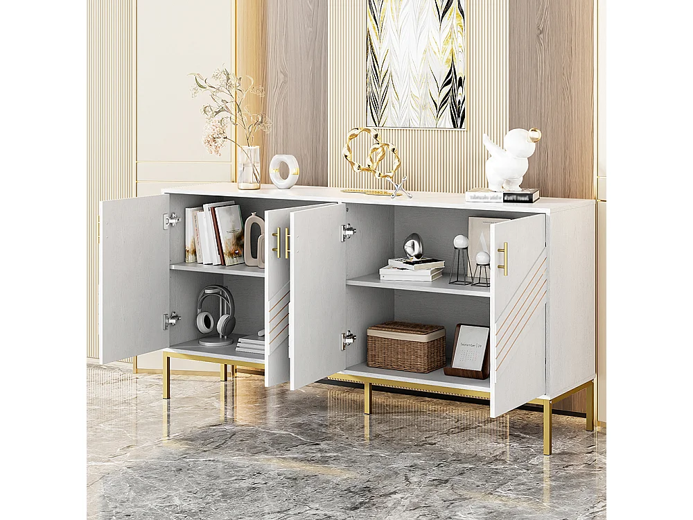 Buffet moderne à 4 portes design élégant en blanc et or corps en MDF avec pieds en métal étagères réglables en hauteur