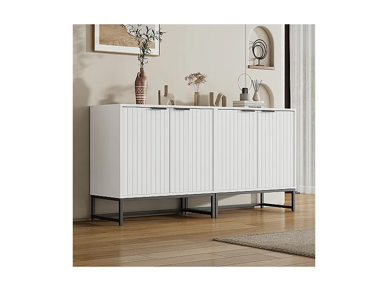 Lot 2 buffet 2 portes blanc commode moderne rangement salon couloir salle à manger poignées métalliques pieds cadre