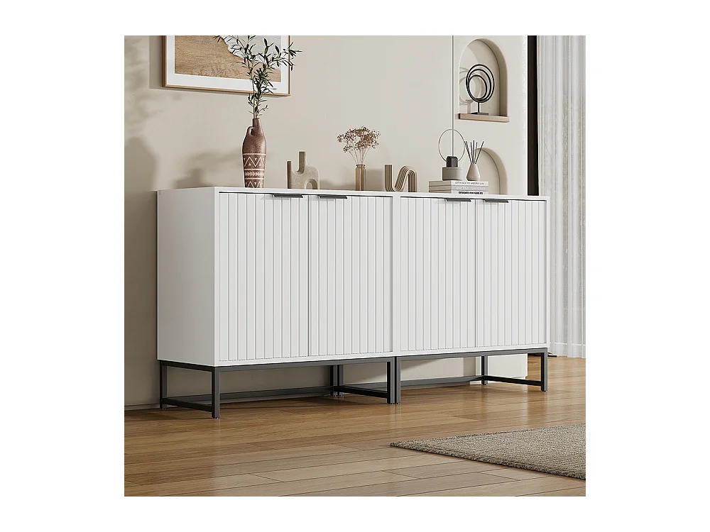 Lot 2 buffet 2 portes blanc commode moderne rangement salon couloir salle à manger poignées métalliques pieds cadre