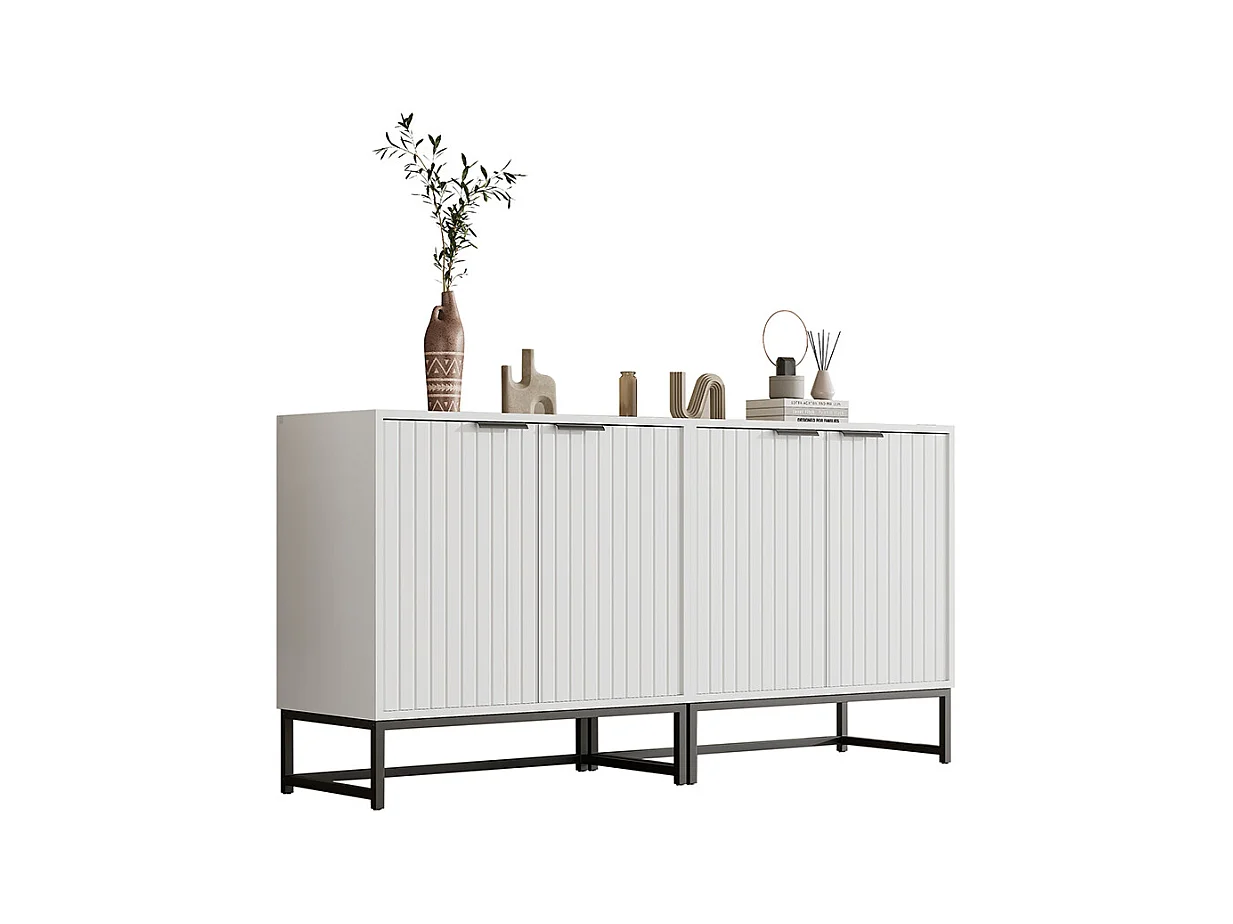 Lot 2 buffet 2 portes blanc commode moderne rangement salon couloir salle à manger poignées métalliques pieds cadre