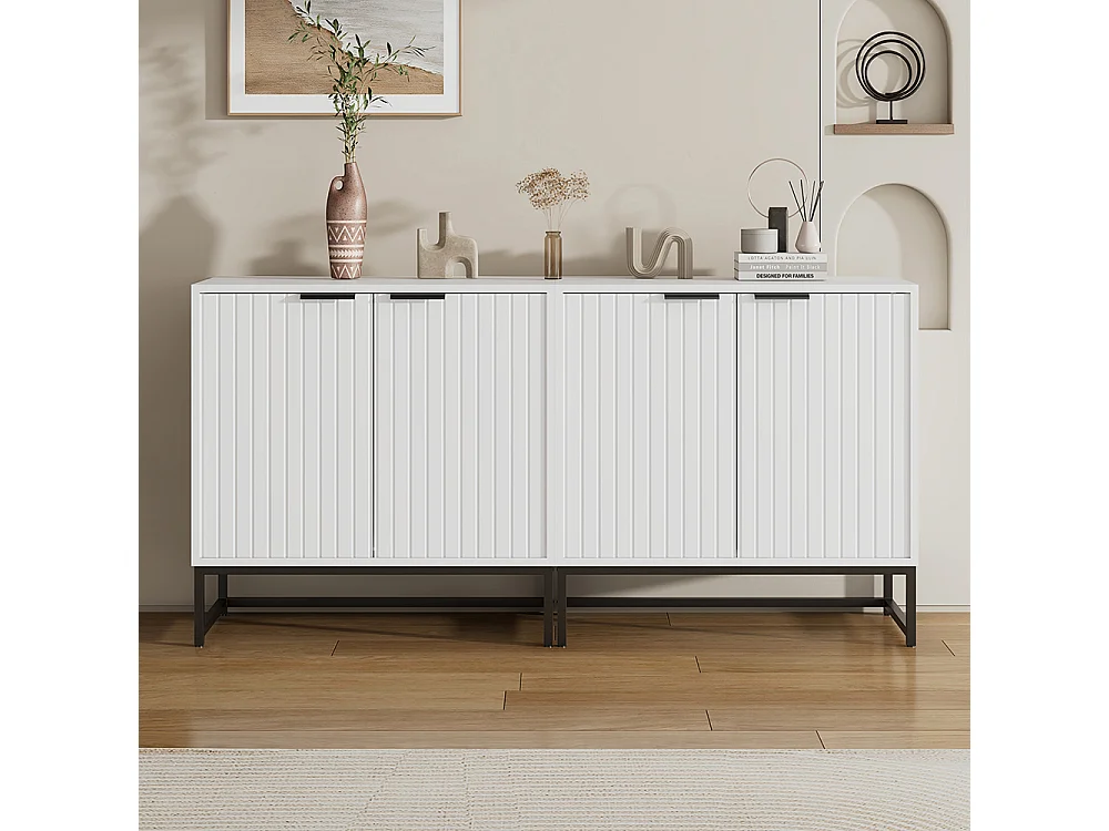 Lot 2 buffet 2 portes blanc commode moderne rangement salon couloir salle à manger poignées métalliques pieds cadre