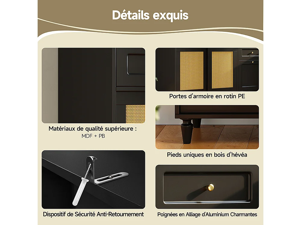 Buffet haut armoire haute vitrine étagères réglables armoire salle à manger 3 tiroirs éclairage LED rotin PE noir