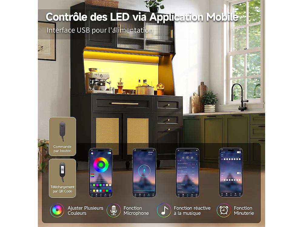 Buffet haut armoire haute vitrine étagères réglables armoire salle à manger 3 tiroirs éclairage LED rotin PE noir