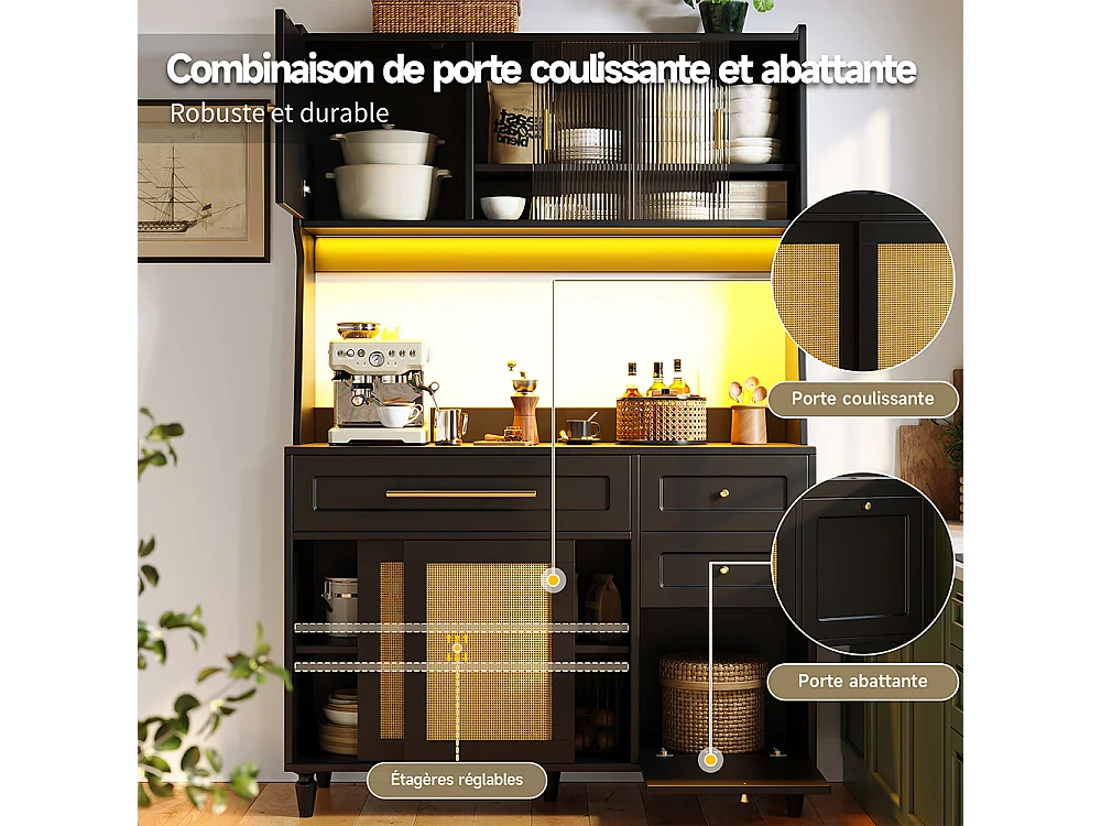 Buffet haut armoire haute vitrine étagères réglables armoire salle à manger 3 tiroirs éclairage LED rotin PE noir