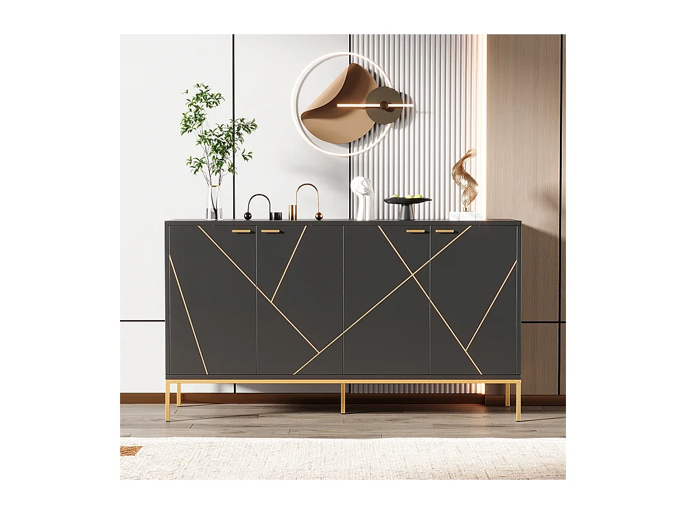 Buffet 4 portes noir doré pieds métalliques meuble TV armoire design rectiligne décor métallique