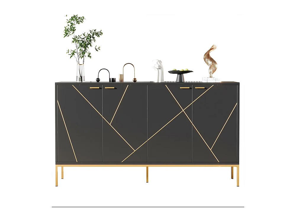 Buffet 4 portes noir doré pieds métalliques meuble TV armoire design rectiligne décor métallique