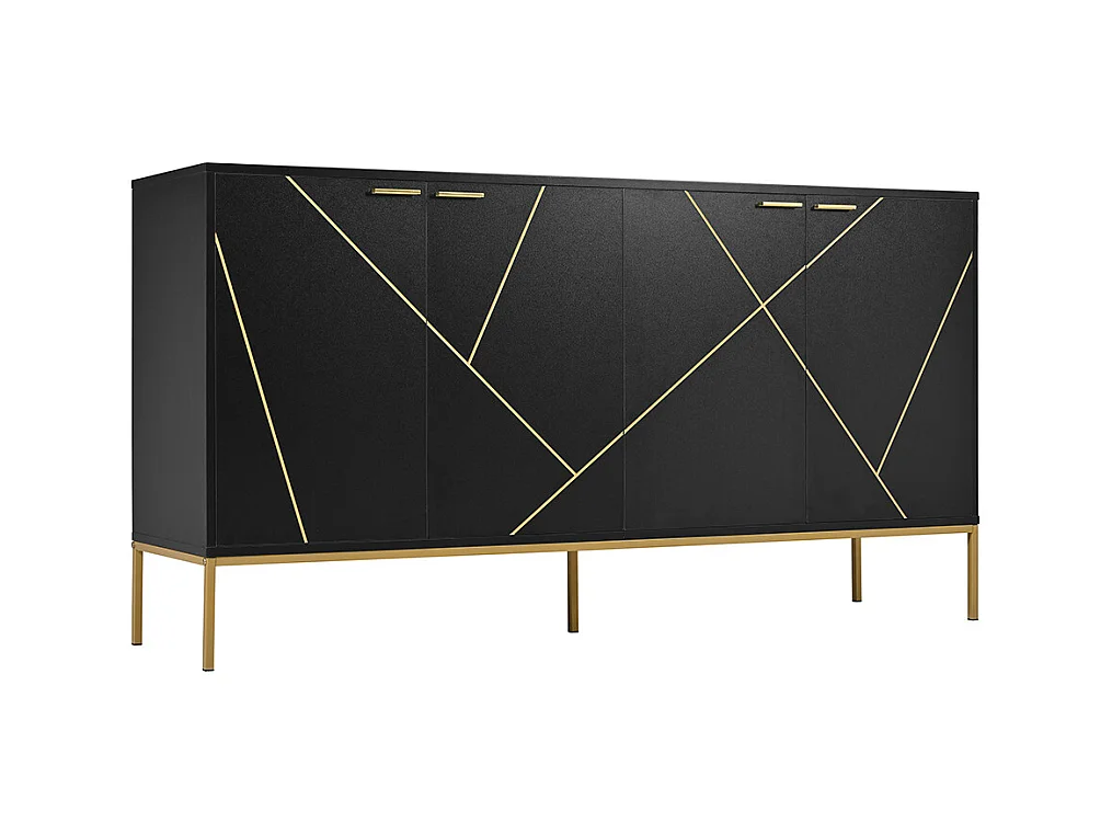 Buffet 4 portes noir doré pieds métalliques meuble TV armoire design rectiligne décor métallique