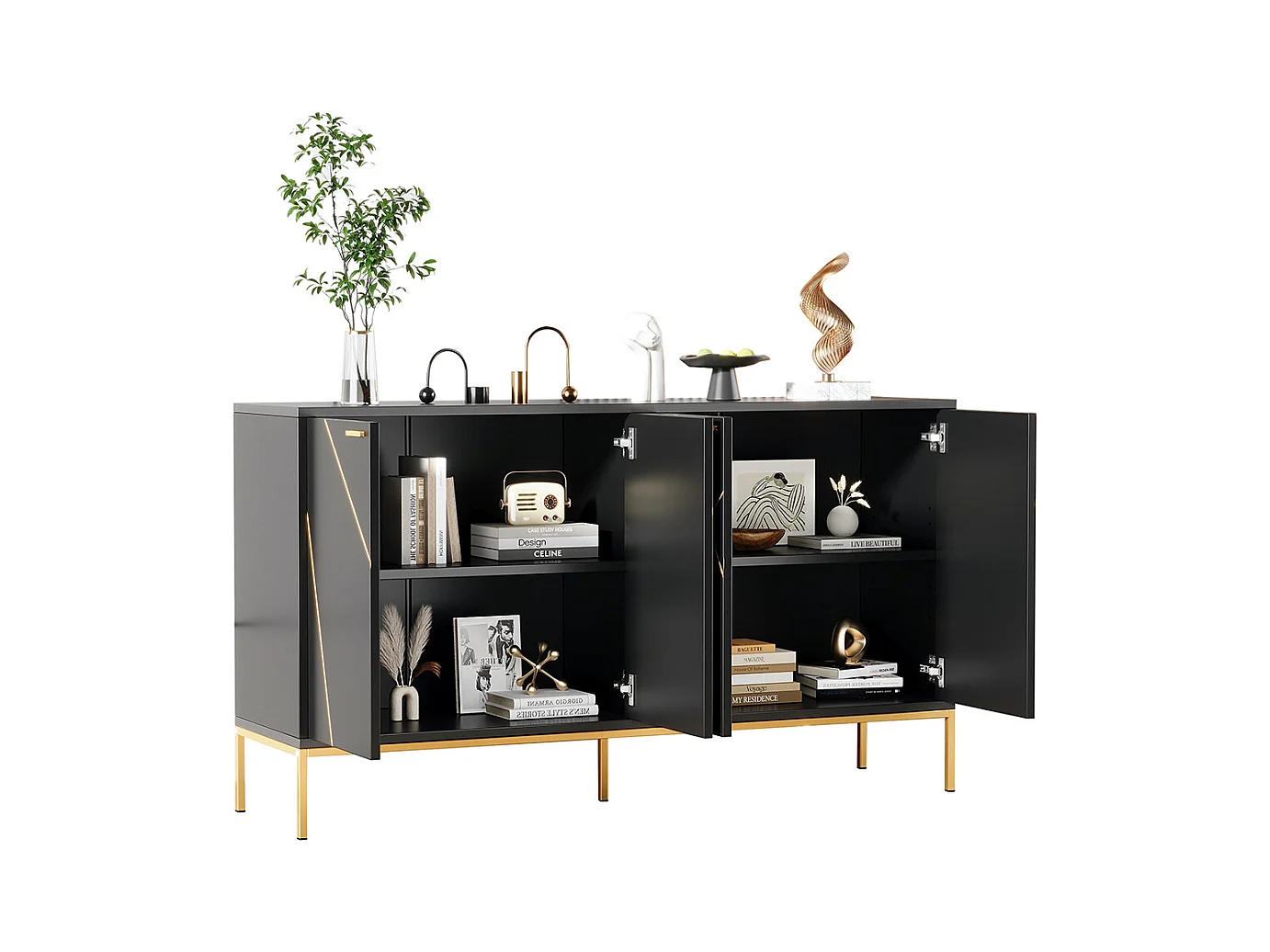 Buffet 4 portes noir doré pieds métalliques meuble TV armoire design rectiligne décor métallique
