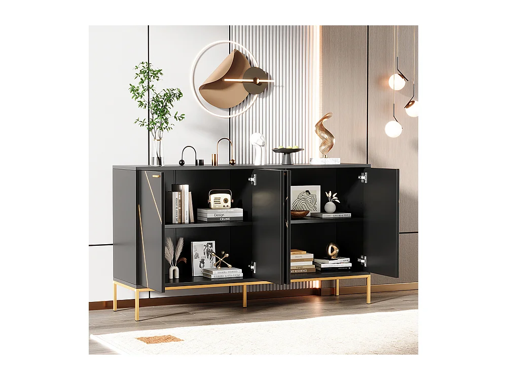 Buffet 4 portes noir doré pieds métalliques meuble TV armoire design rectiligne décor métallique