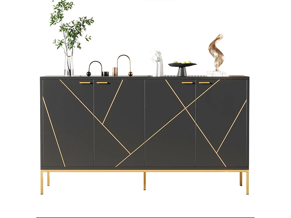 Buffet 4 portes noir doré pieds métalliques meuble TV armoire design rectiligne décor métallique