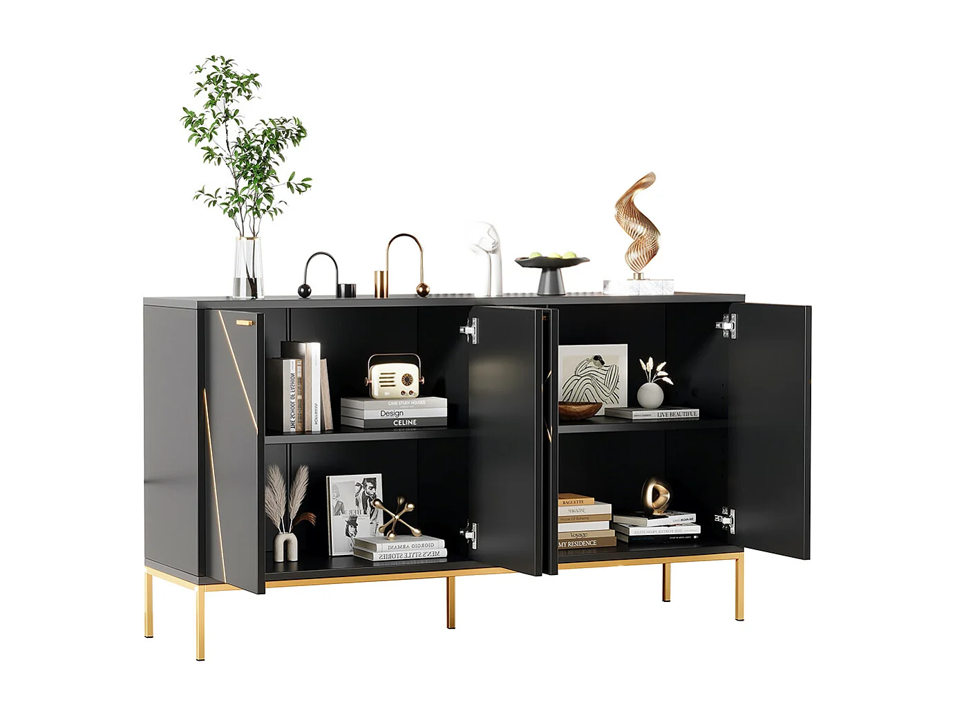 Buffet 4 portes noir doré pieds métalliques meuble TV armoire design rectiligne décor métallique