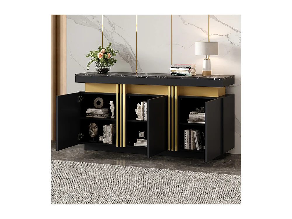 Buffet 140x38x70 cm noir moderne 3 portes cloisons réglables doré sans poignées