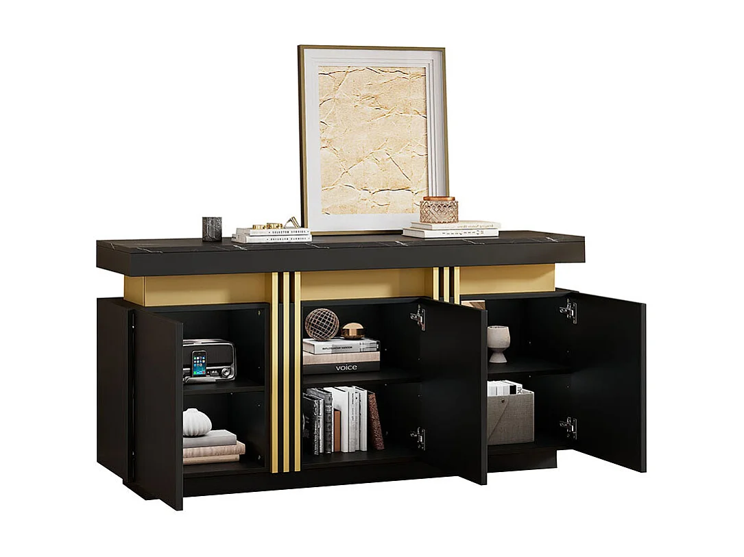 Dressoir 140x38x70 cm zwart modern 3 deuren verstelbare schotten goudkleurig zonder handgrepen