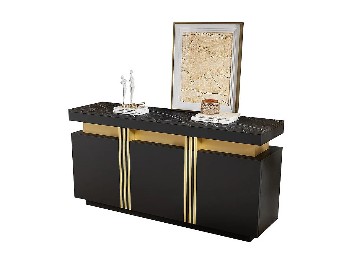 Dressoir 140x38x70 cm zwart modern 3 deuren verstelbare schotten goudkleurig zonder handgrepen