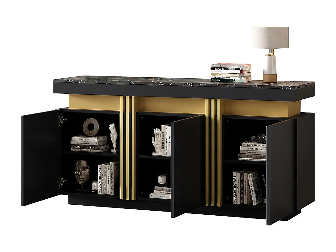 Dressoir 140x38x70 cm zwart modern 3 deuren verstelbare schotten goudkleurig zonder handgrepen