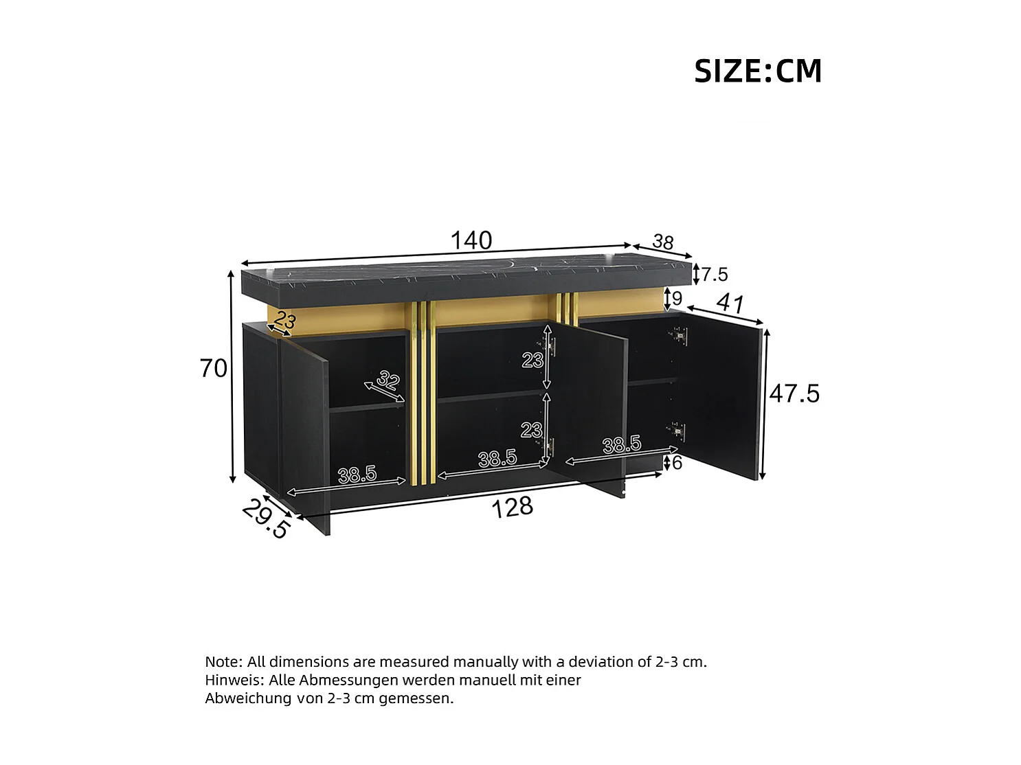 Dressoir 140x38x70 cm zwart modern 3 deuren verstelbare schotten goudkleurig zonder handgrepen