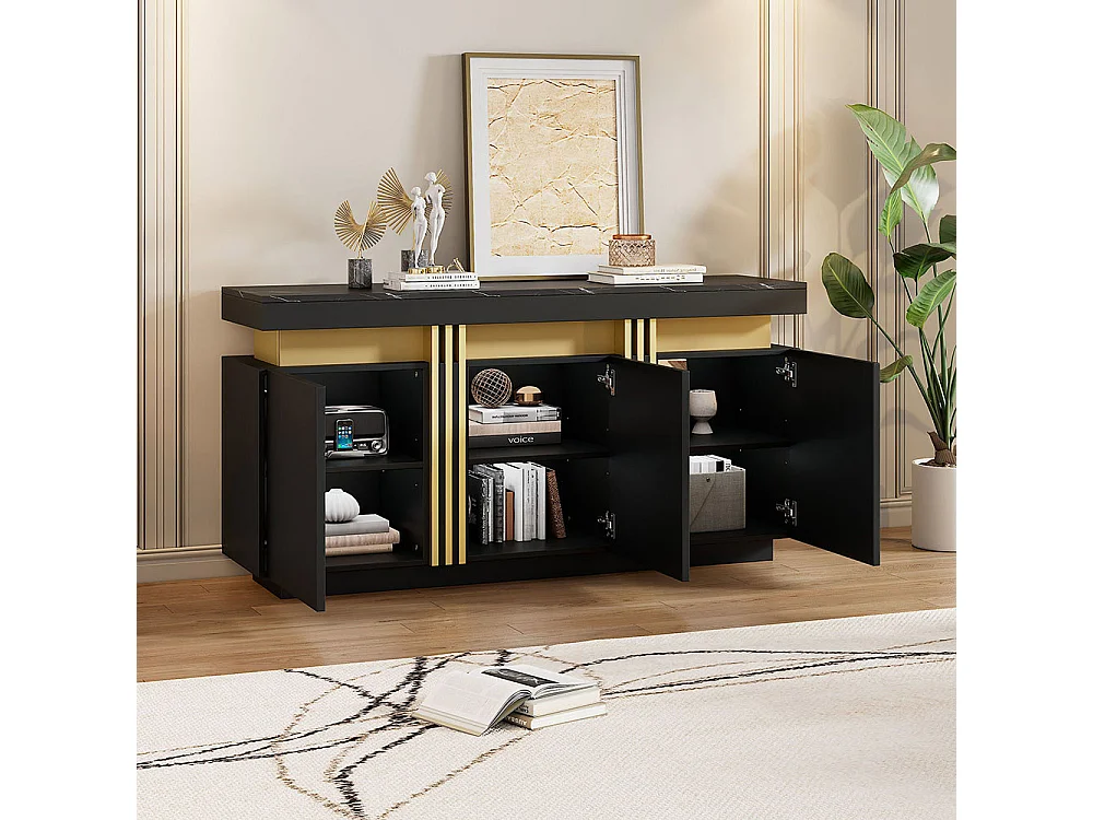 Dressoir 140x38x70 cm zwart modern 3 deuren verstelbare schotten goudkleurig zonder handgrepen