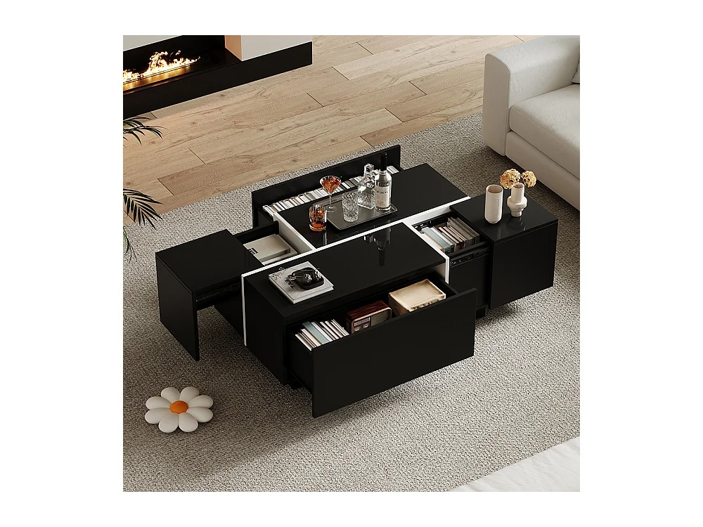 Table basse carrée 100x60x40 cm noir patchwork brillant 4 tiroirs plateau coulissant charge 30 kg