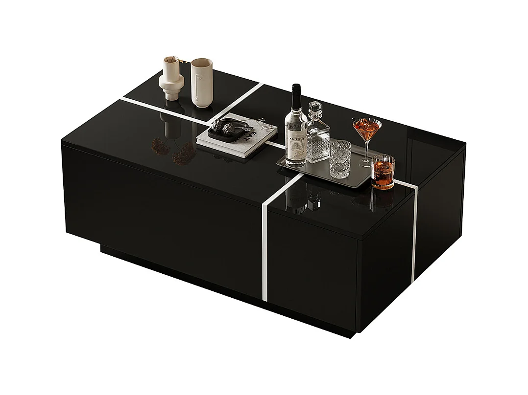 Table basse carrée 100x60x40 cm noir patchwork brillant 4 tiroirs plateau coulissant charge 30 kg