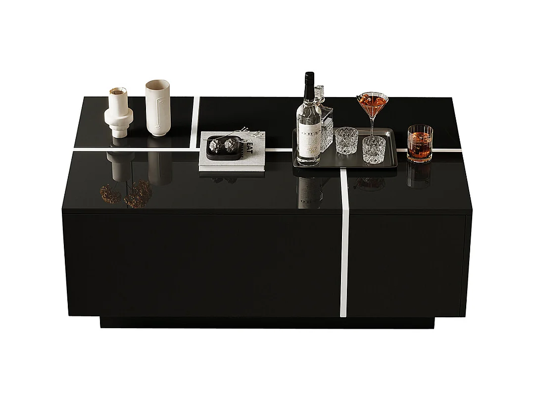 Table basse carrée 100x60x40 cm noir patchwork brillant 4 tiroirs plateau coulissant charge 30 kg