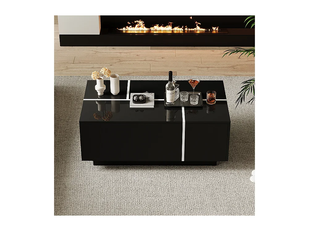 Table basse carrée 100x60x40 cm noir patchwork brillant 4 tiroirs plateau coulissant charge 30 kg