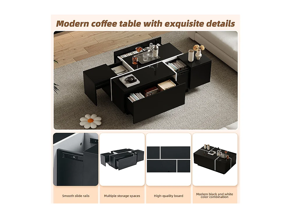 Table basse carrée 100x60x40 cm noir patchwork brillant 4 tiroirs plateau coulissant charge 30 kg