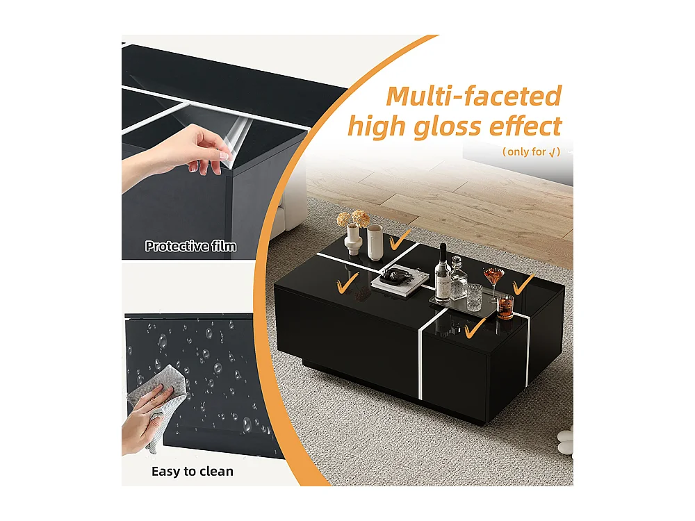 Table basse carrée 100x60x40 cm noir patchwork brillant 4 tiroirs plateau coulissant charge 30 kg