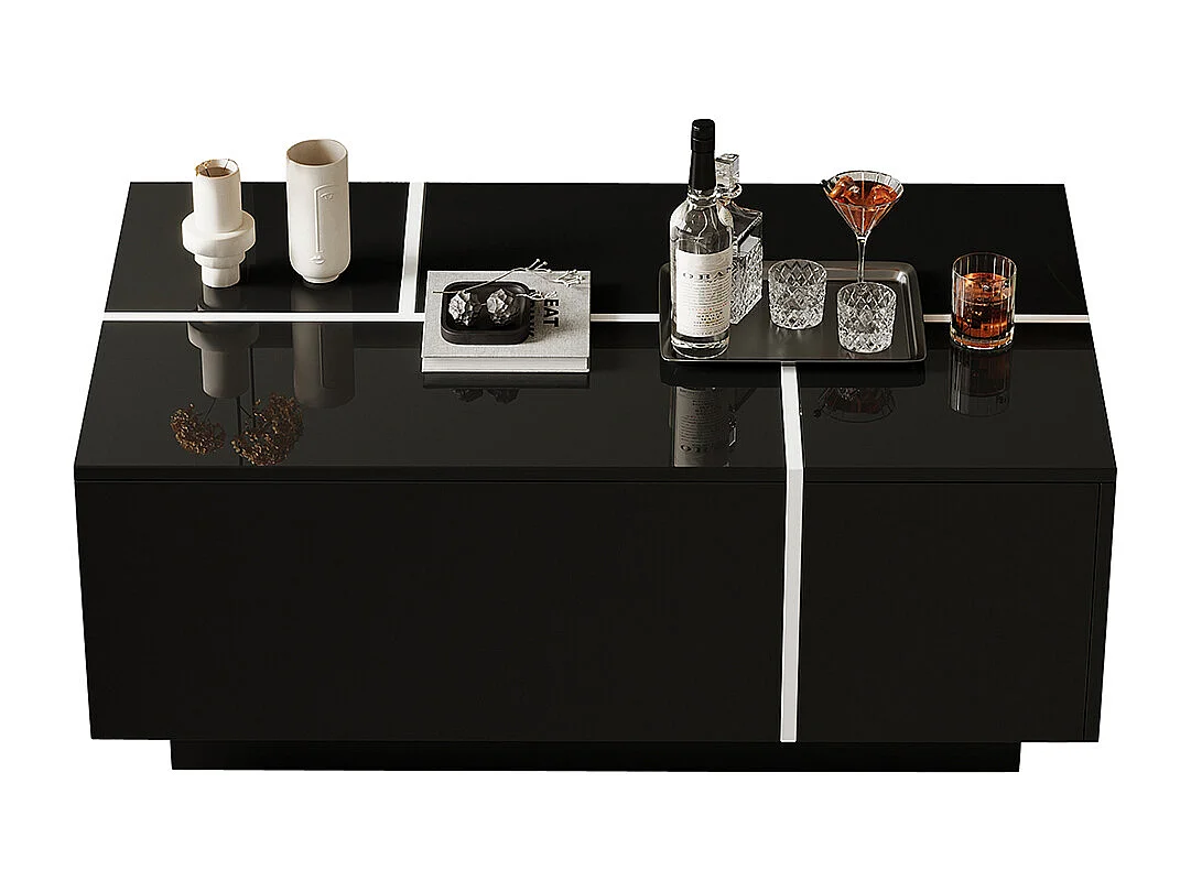 Table basse carrée 100x60x40 cm noir patchwork brillant 4 tiroirs plateau coulissant charge 30 kg