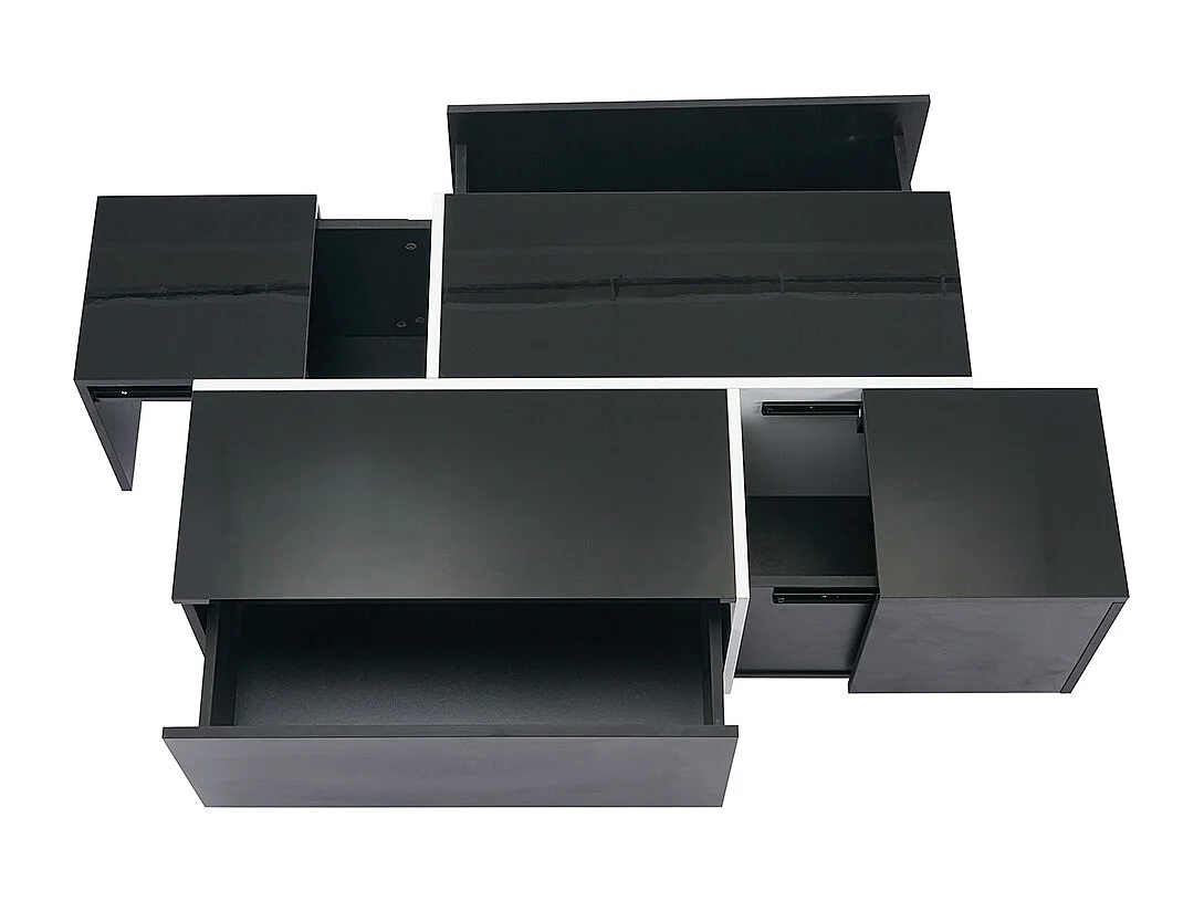 Table basse carrée 100x60x40 cm noir patchwork brillant 4 tiroirs plateau coulissant charge 30 kg