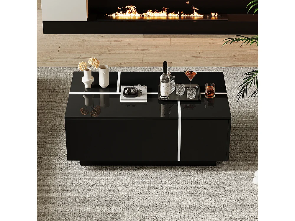 Table basse carrée 100x60x40 cm noir patchwork brillant 4 tiroirs plateau coulissant charge 30 kg