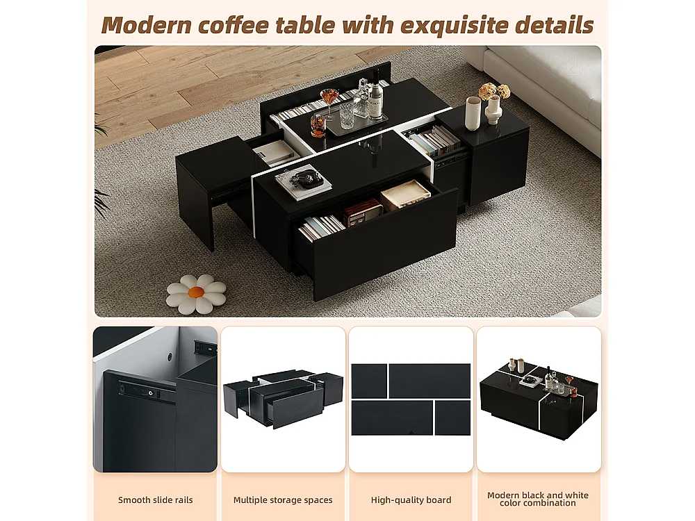 Table basse carrée 100x60x40 cm noir patchwork brillant 4 tiroirs plateau coulissant charge 30 kg