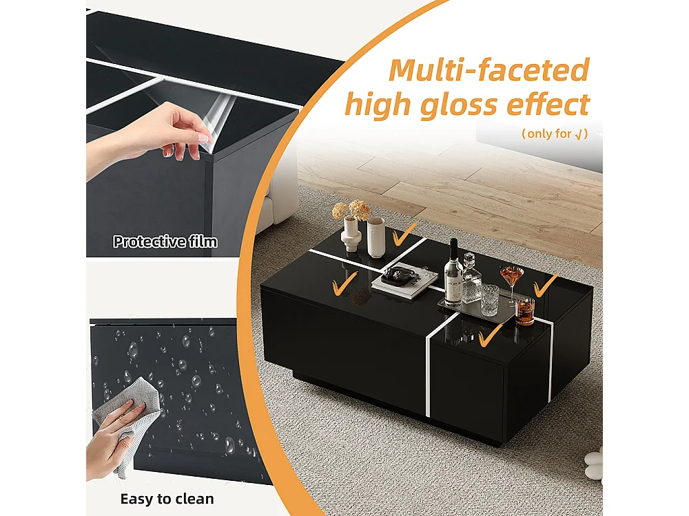 Table basse carrée 100x60x40 cm noir patchwork brillant 4 tiroirs plateau coulissant charge 30 kg