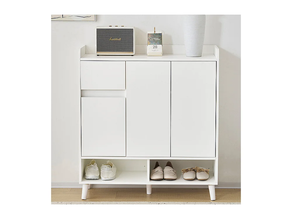 Buffet blanc commode meuble à chaussures étagères réglables rangement minimaliste pieds bois massif