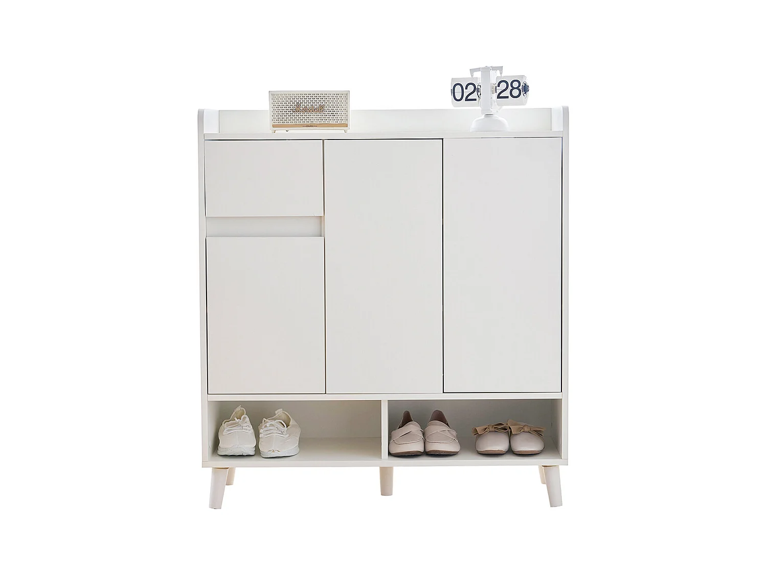 Buffet blanc commode meuble à chaussures étagères réglables rangement minimaliste pieds bois massif