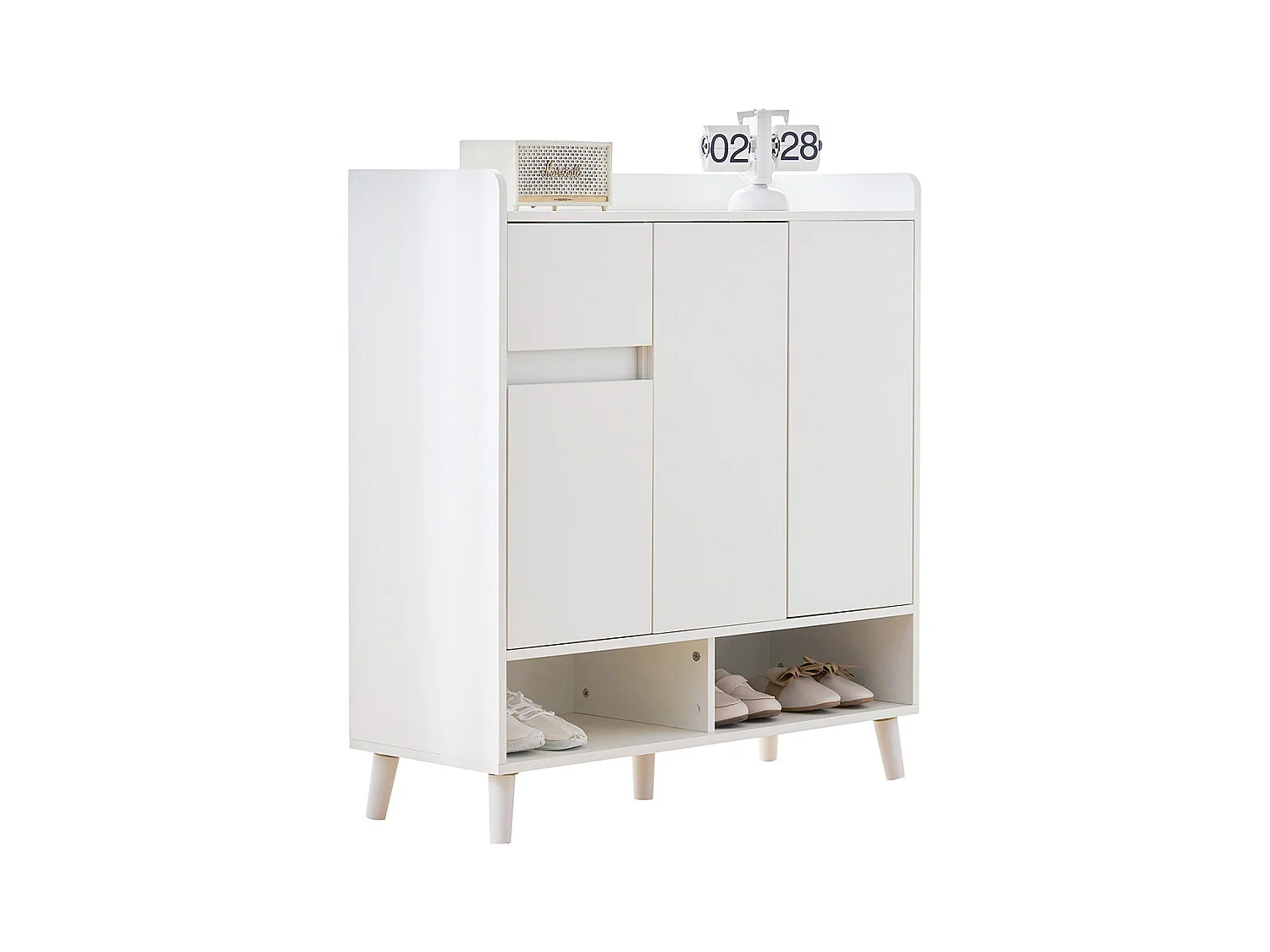 Buffet blanc commode meuble à chaussures étagères réglables rangement minimaliste pieds bois massif