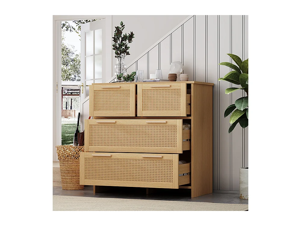 Buffet 4 tiroirs naturel rotin poignées bois massif chambre salon salle à manger couloir