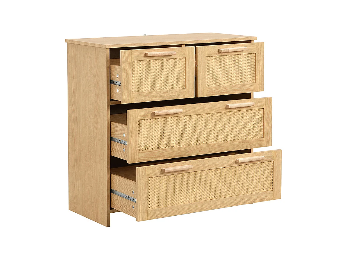 Buffet 4 tiroirs naturel rotin poignées bois massif chambre salon salle à manger couloir