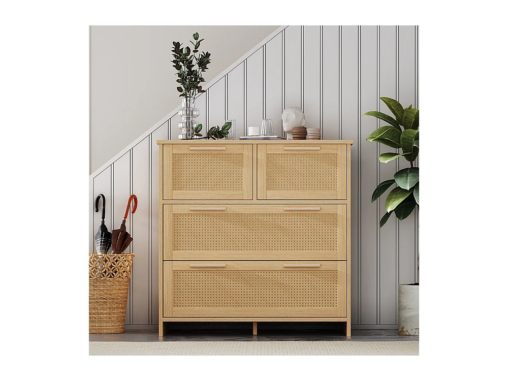 Buffet 4 tiroirs naturel rotin poignées bois massif chambre salon salle à manger couloir