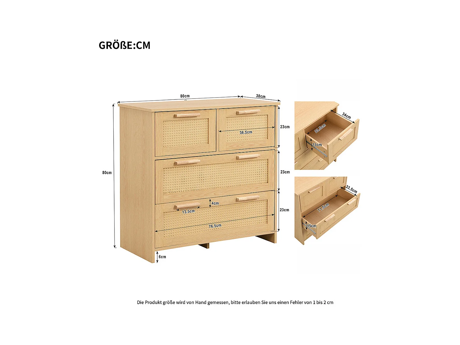 Buffet 4 tiroirs naturel rotin poignées bois massif chambre salon salle à manger couloir