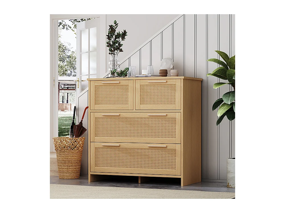 Buffet 4 tiroirs naturel rotin poignées bois massif chambre salon salle à manger couloir