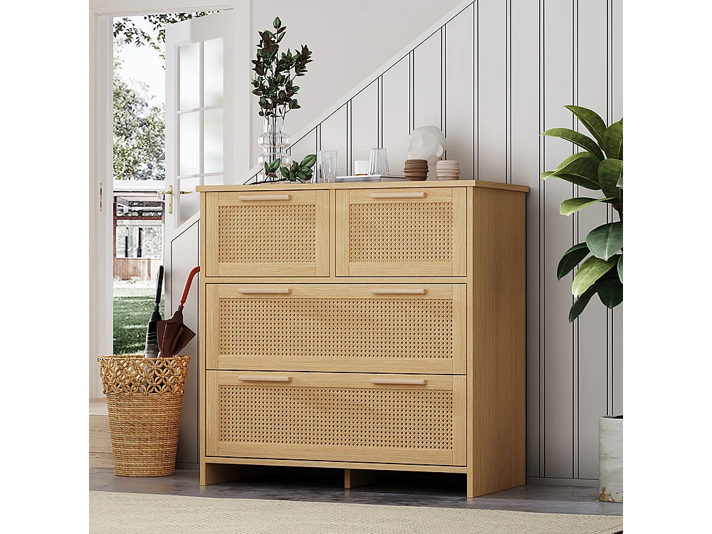 Buffet 4 tiroirs naturel rotin poignées bois massif chambre salon salle à manger couloir
